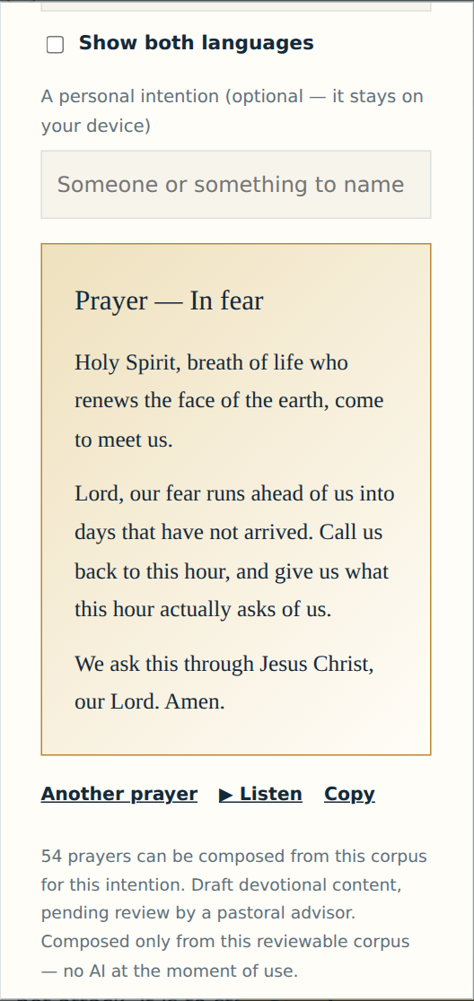 The prayer composer showing a composed prayer titled "Prayer — In fear", with Another prayer, Listen and Copy actions, and a note that 54 prayers can be composed from this corpus for this intention.