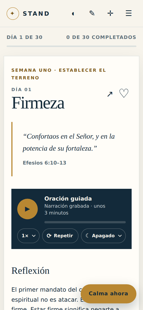 El día 1 del camino, titulado Firmeza, con Efesios 6:10-13 en la Reina-Valera 1909 y un reproductor de oración guiada con velocidad, repetición y temporizador.