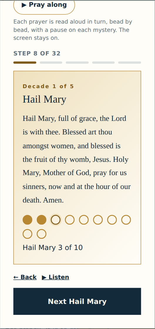 The guided Rosary in the first decade of the Joyful Mysteries: the Hail Mary in full, ten beads with two filled and the third current, the count "Hail Mary 3 of 10", and Back, Listen and Next Hail Mary controls, with Pray along above.