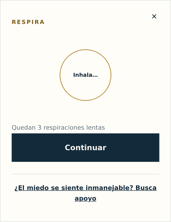 La pantalla de calma: un círculo dorado de respiración, el texto que indica cuántas respiraciones lentas quedan, un botón para continuar y un enlace a apoyo en crisis.